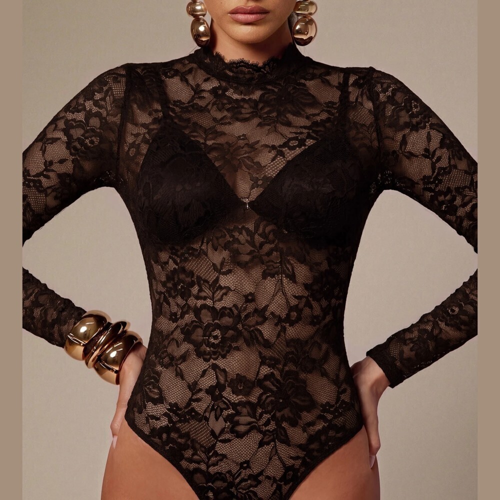 Black Ultra Sheer Lace Long Sleeve Bodysuit with Stand Collar
